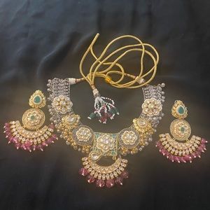 Beautiful German silver Necklace set in pink green and gold color